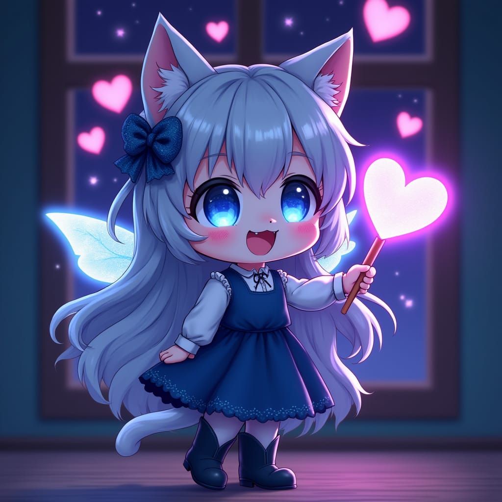Chibi Catgirl Waving Wand in Synthwave Style