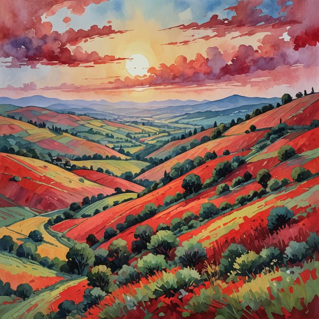 Red Sky Hillside in Gouache Watercolor Style