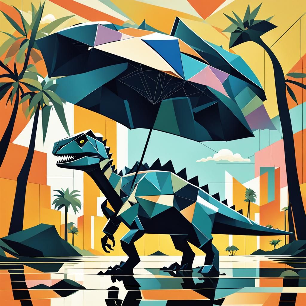 Cute Dinosaur on Moonscape in Cubist Style