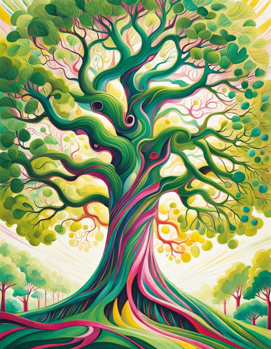 Expressionist Tree of Life in Green and Magenta