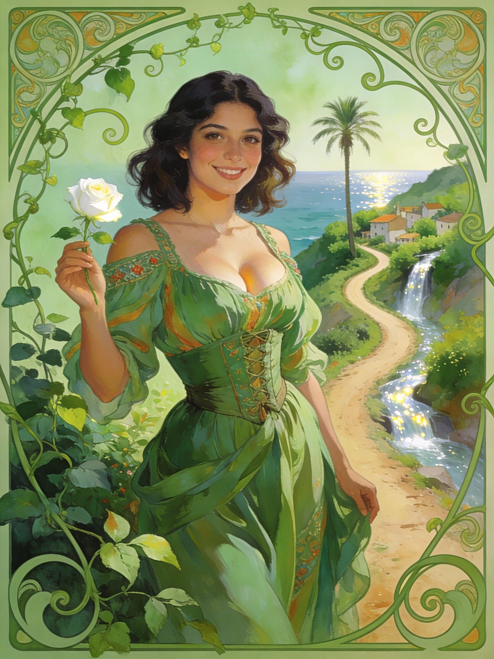 Art Nouveau Portrait of Woman with Verdant Vines