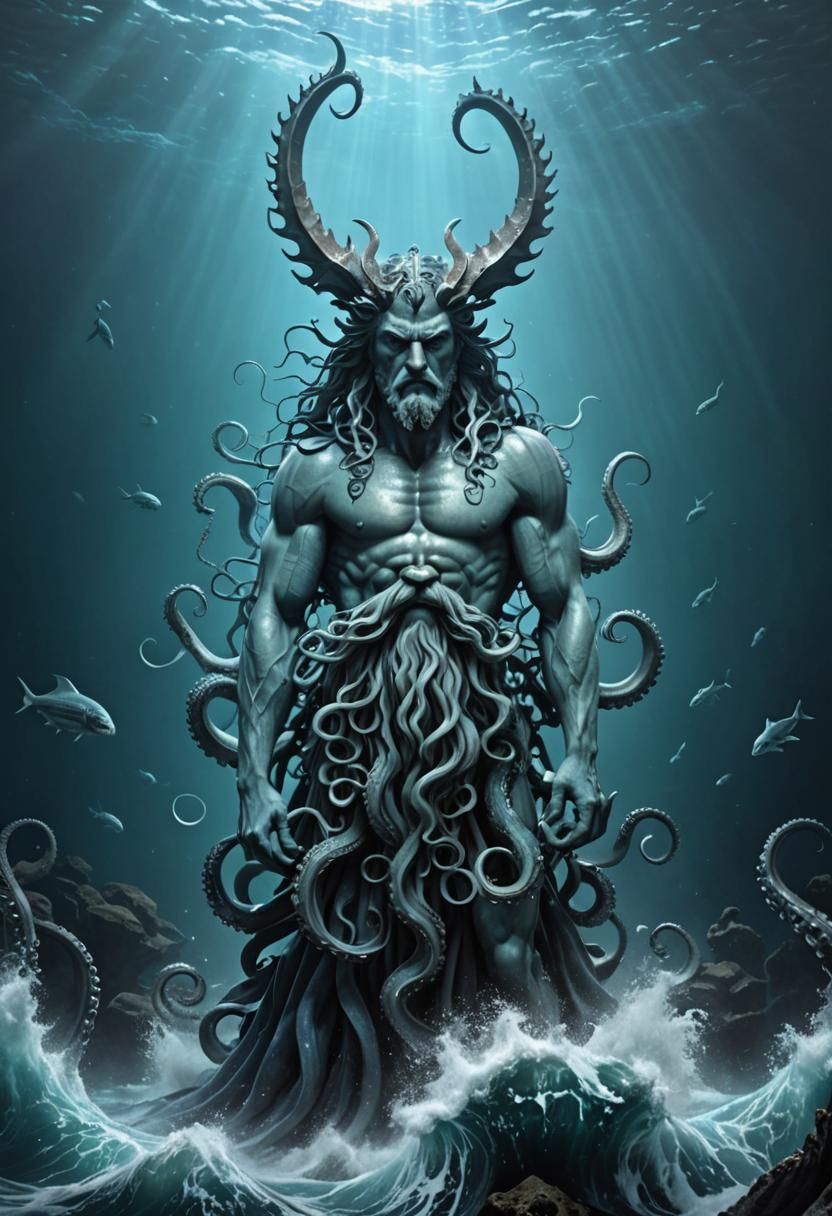 Beardless Poseidon with Tentacles in Hyperrealistic Style