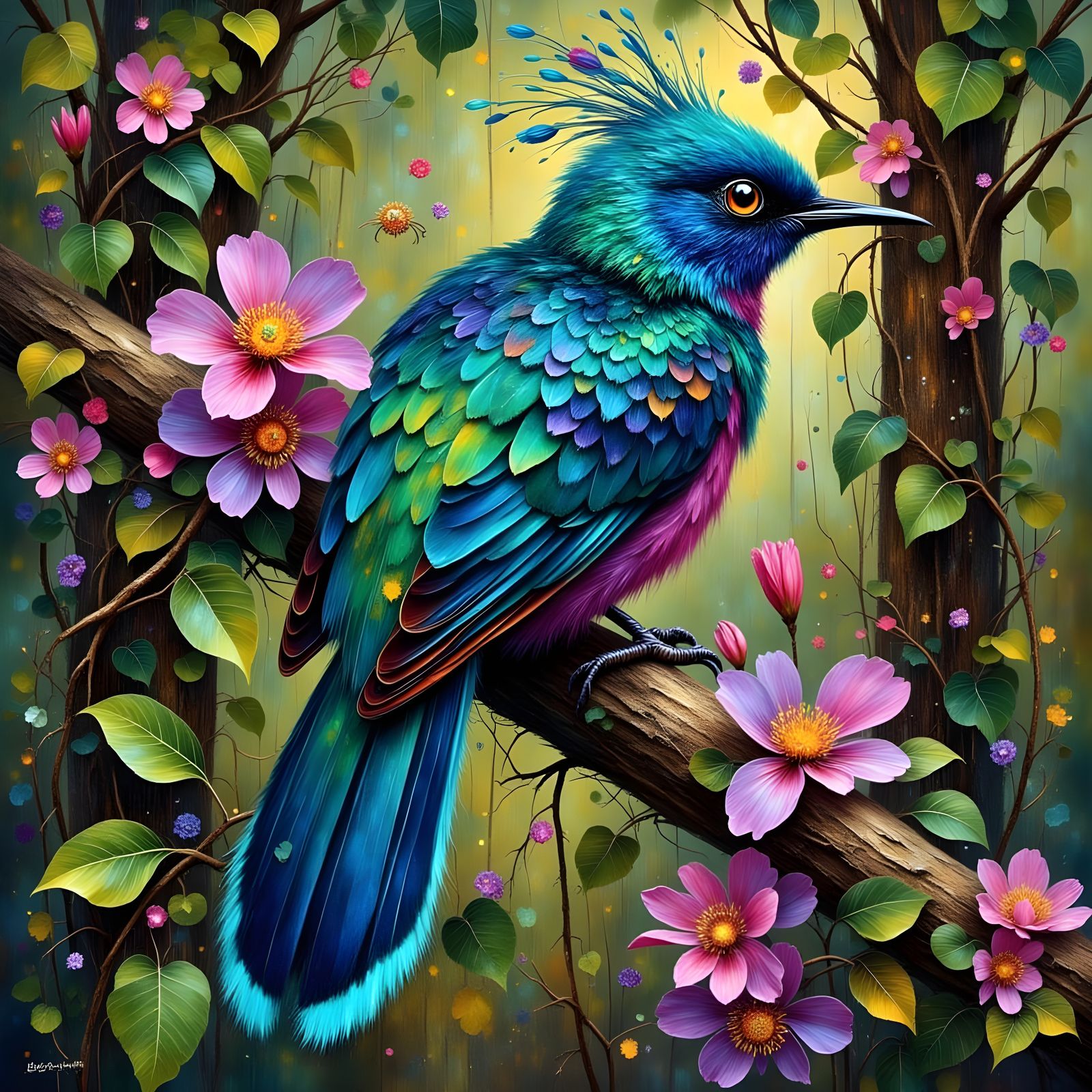 Turquoise Spangled Cotinga with Pink Flowers