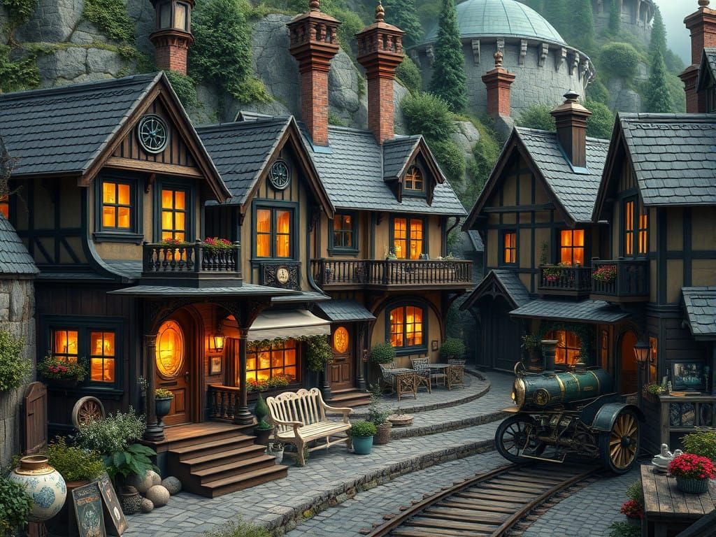 Vibrant Steampunk Village Train Homes