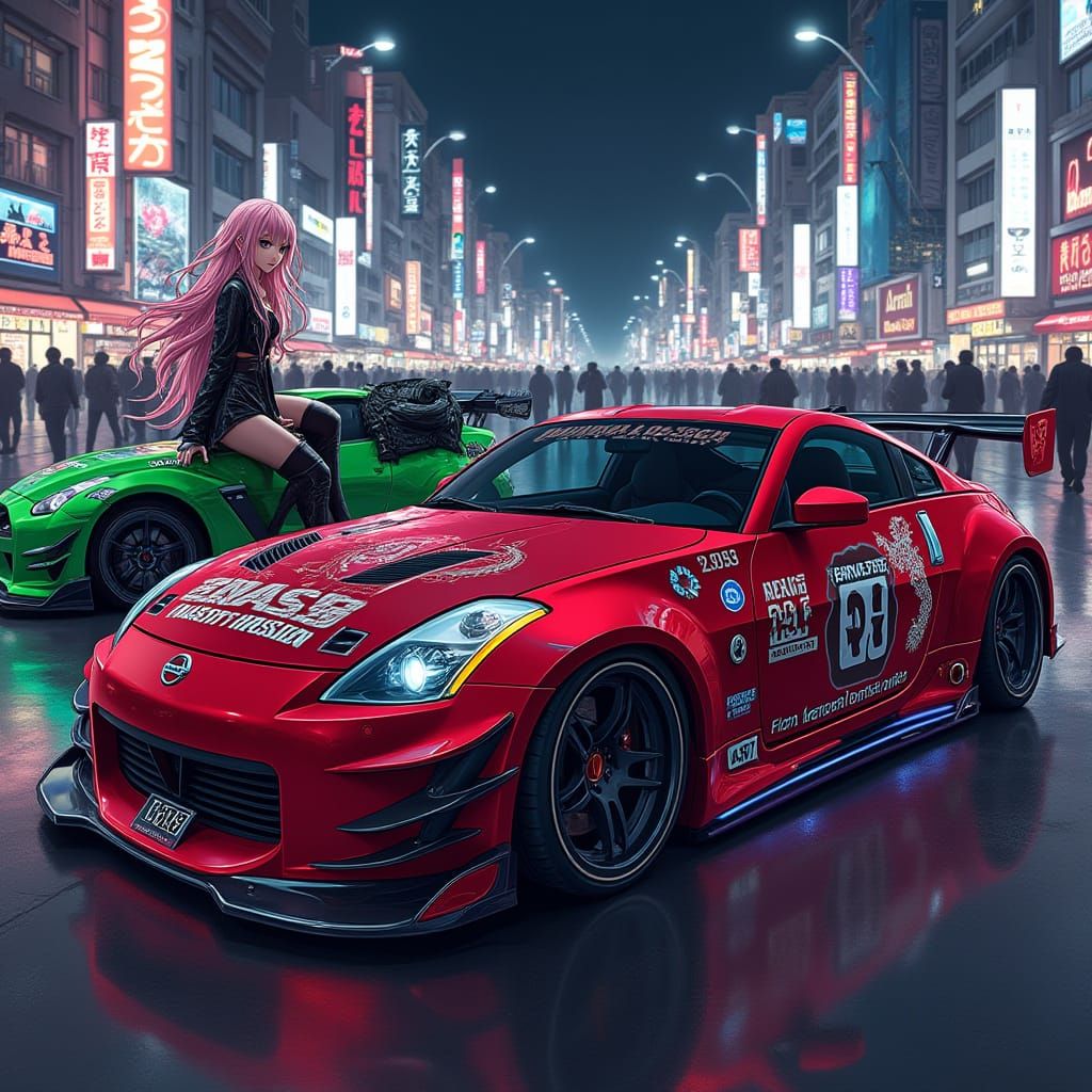 Red Nissan 350Z and Kawasaki Ninja in Neon Cityscape