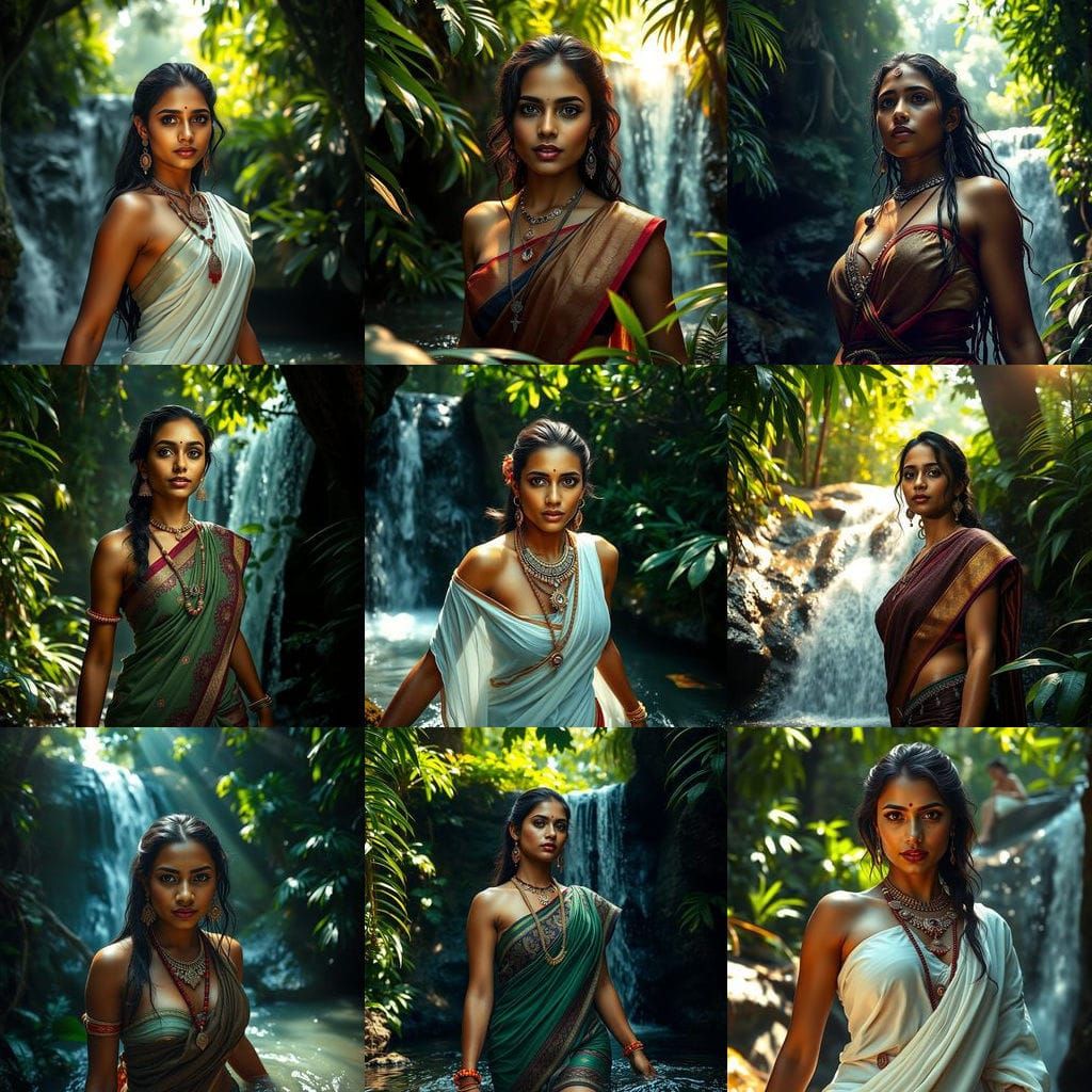 Indian Woman Emerging from Jungle Waterfall: Photorealistic ...