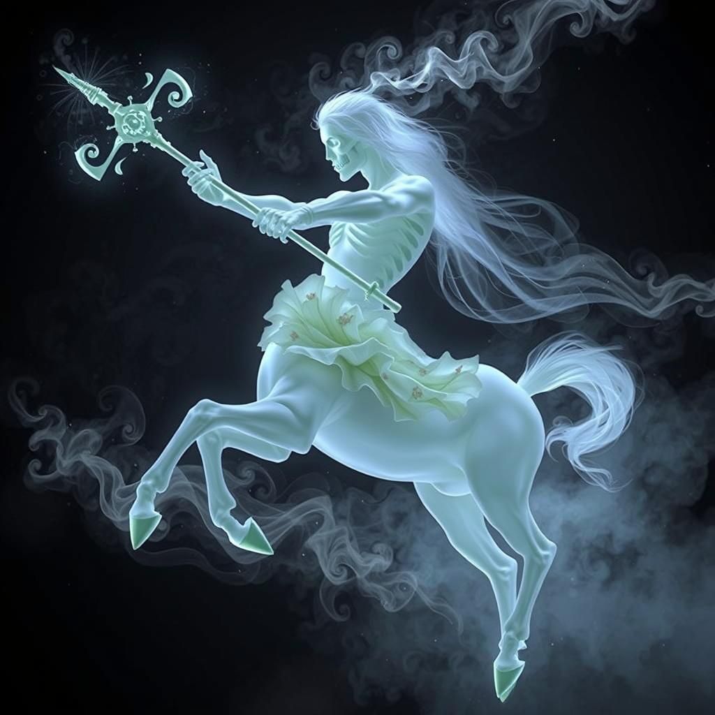ghostly figure of a spooky centaur ,Sagittarius formed entirely out of swirling, translucent white smoke. The Grim Reape...