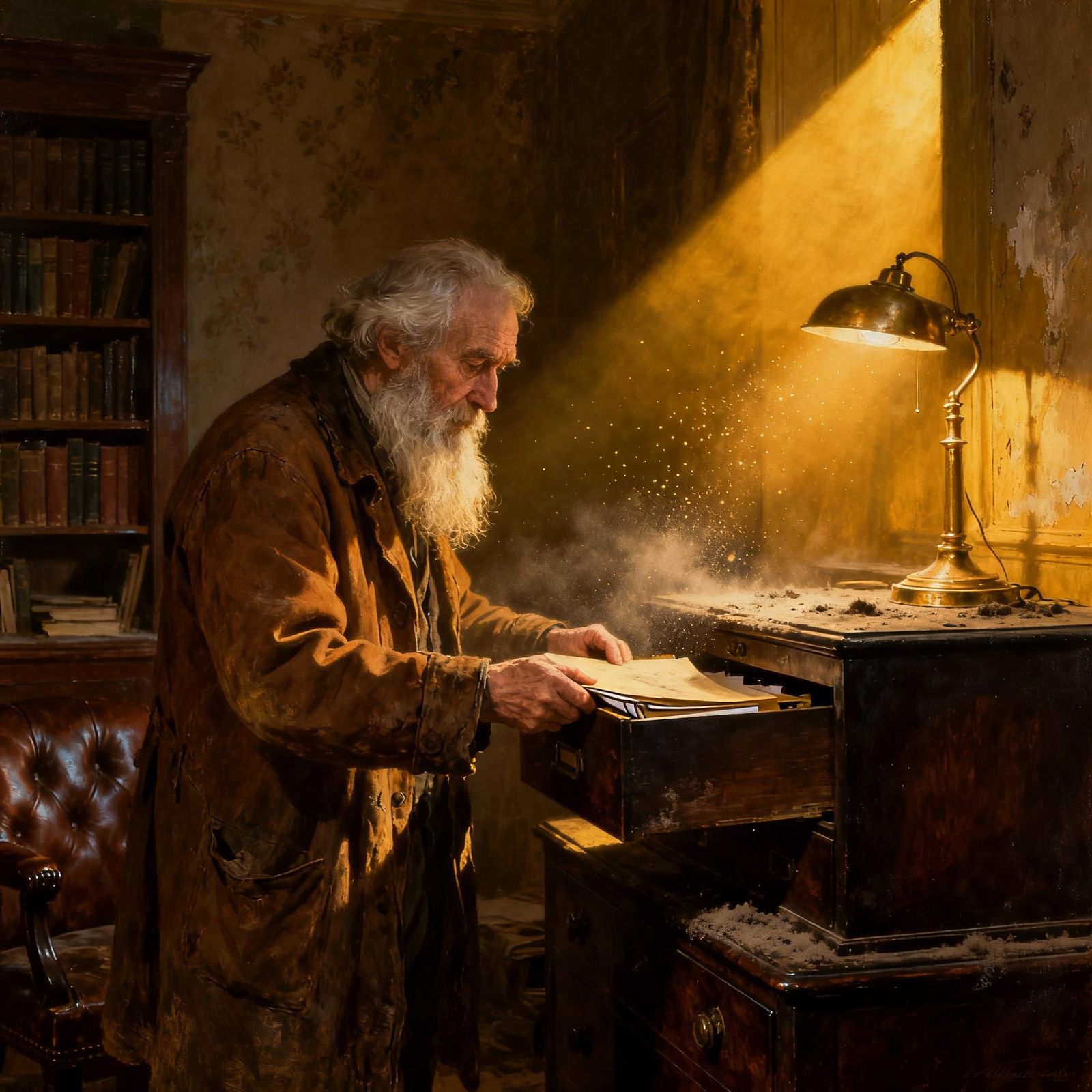 Elderly Man Unearths Files in Dimly Lit Study Oil Painting