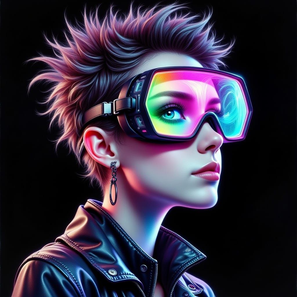 Neon Cyberpunk Watercolor Portrait with Futuristic Goggles