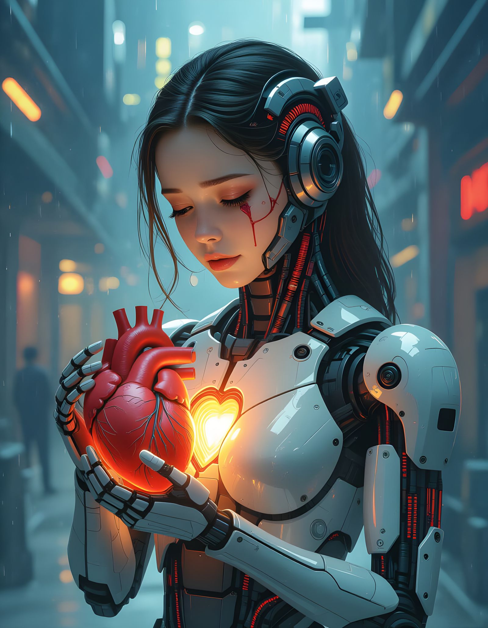 Cyborg Girl with Heart in Cyberpunk Watercolor Style