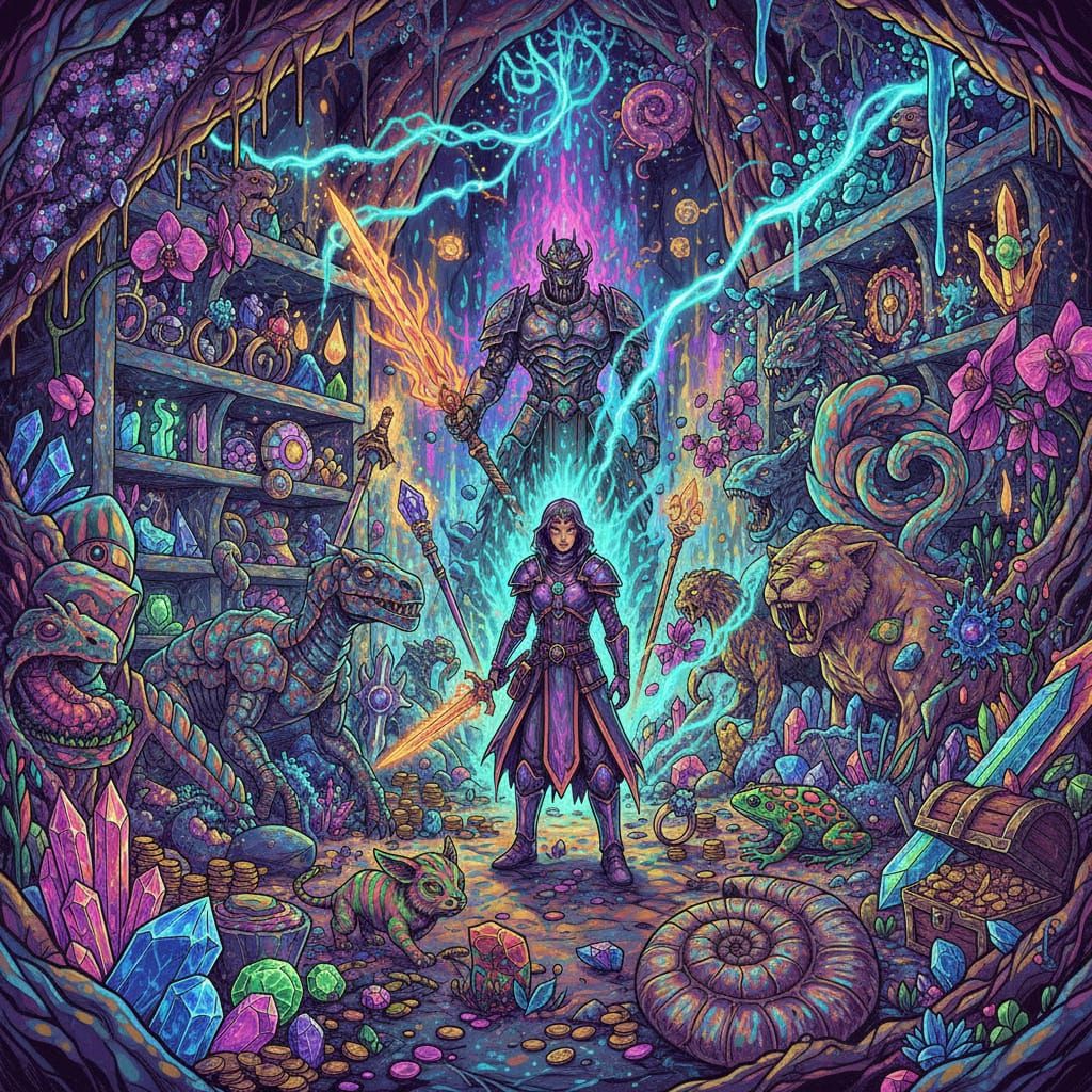 Adventurer in Crystal Cavern with RPG Treasures