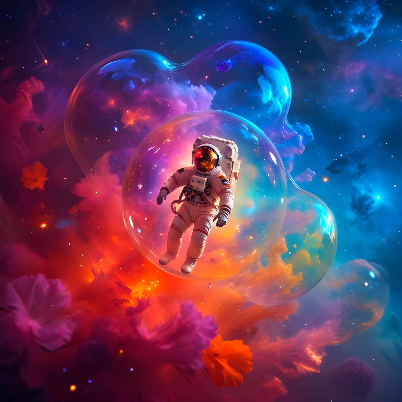 Astronaut in Iridescent Bubble Drifting in Space