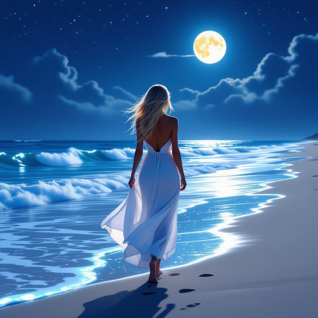 Woman Walks on Bioluminescent Beach Under Moonlight