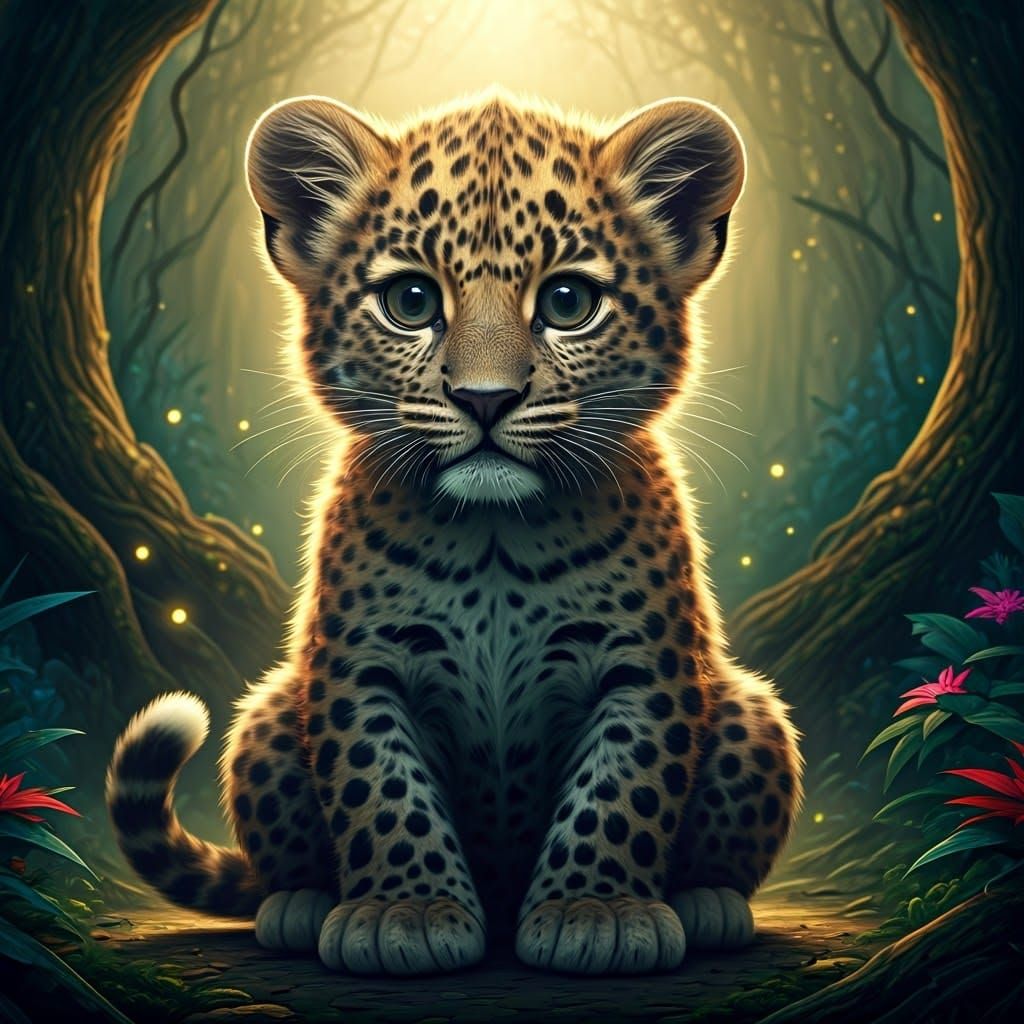 Mystical Baby Leopard in Ancient Forest