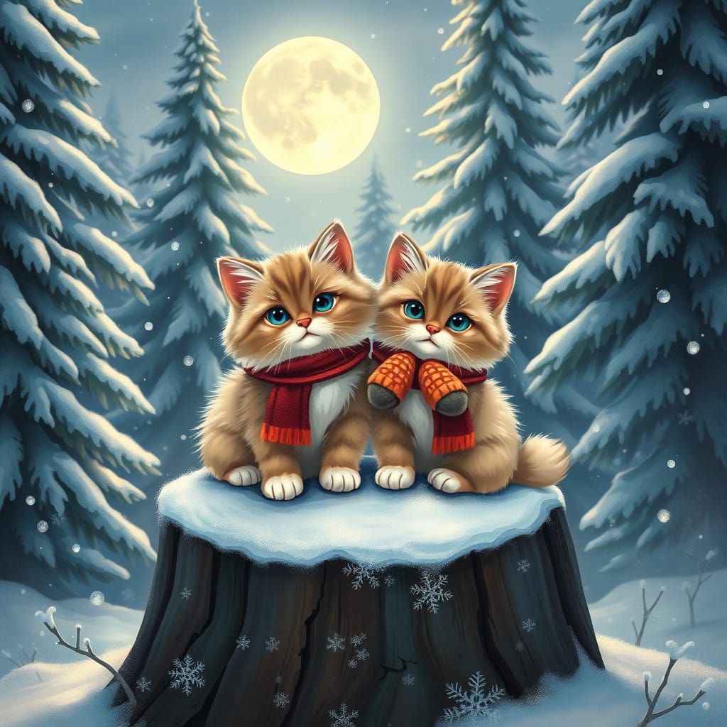 Magical Winter Wonderland with Ragdoll Cats Under the Moon
