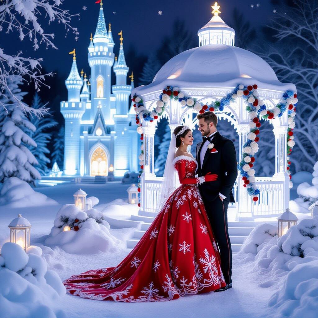 Ice Castle Wedding Scene with Roses and Lights
