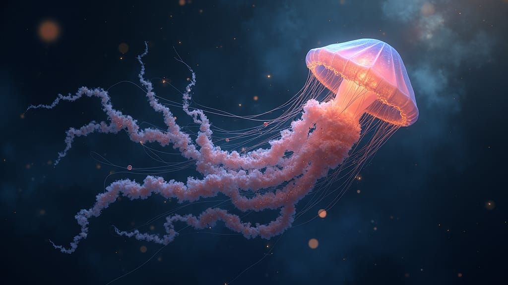 Bioluminescent Jellyfish Drifting Through Deep Space