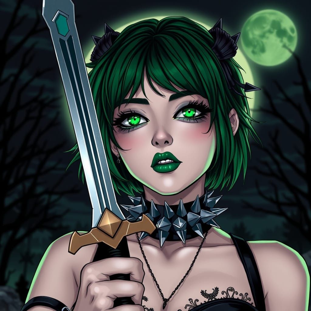 Gothic Woman with Falchion in Moonlit Scene