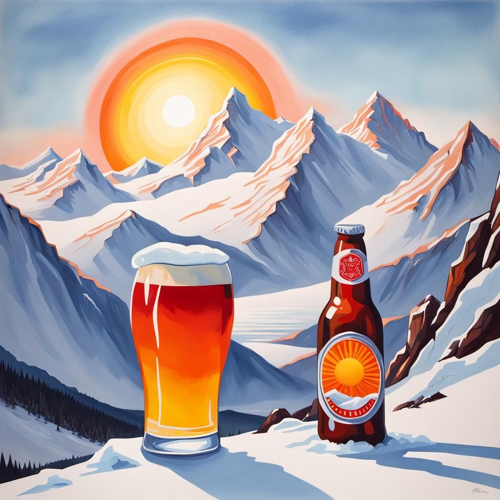 Polar Bear at Snowy Mountains: Gouache Painting