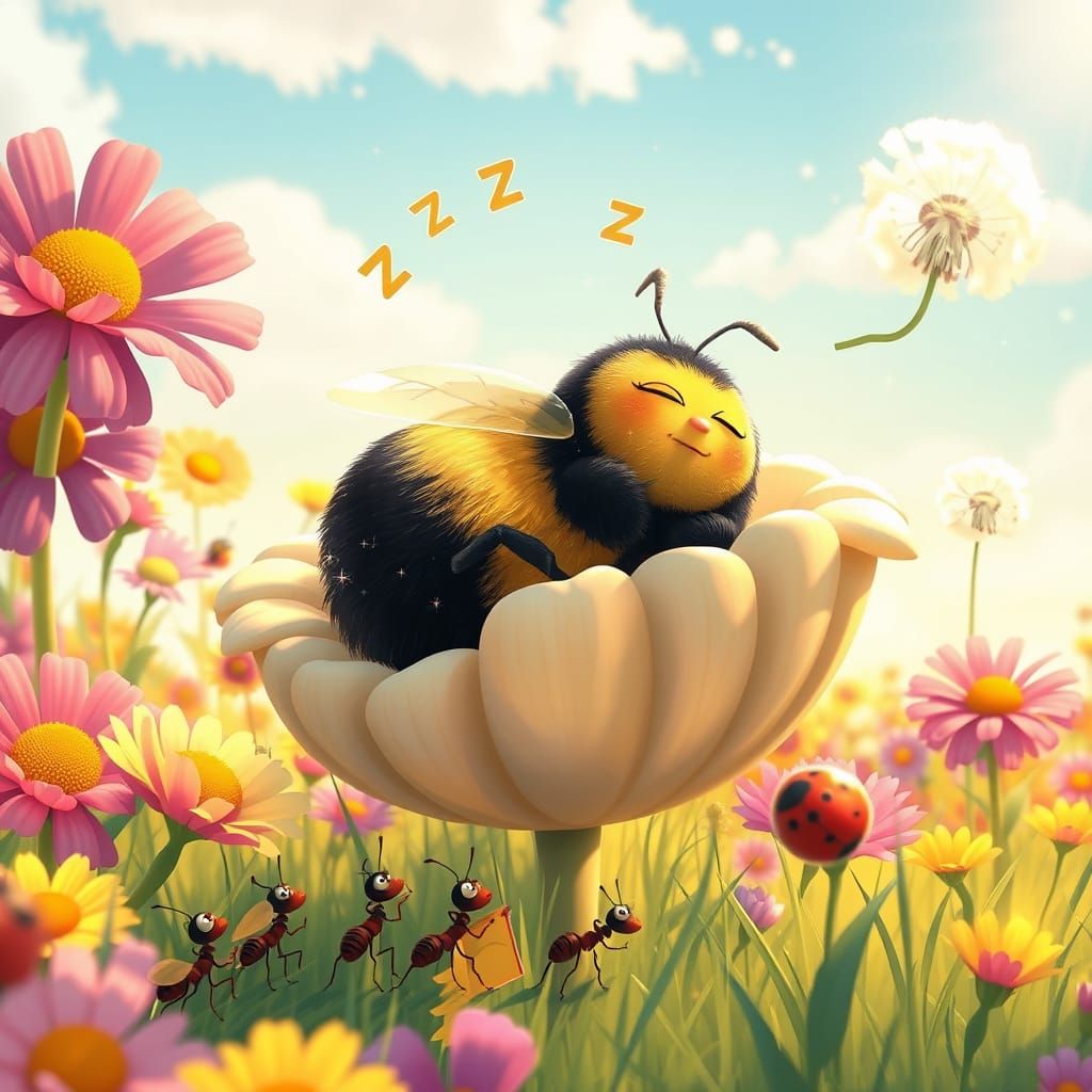 Bumblebee Lounging on Daisy in Vibrant Meadow