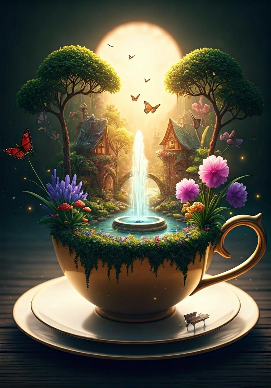 Ethereal Fantasy Garden Blooms in a Golden Tea Cup