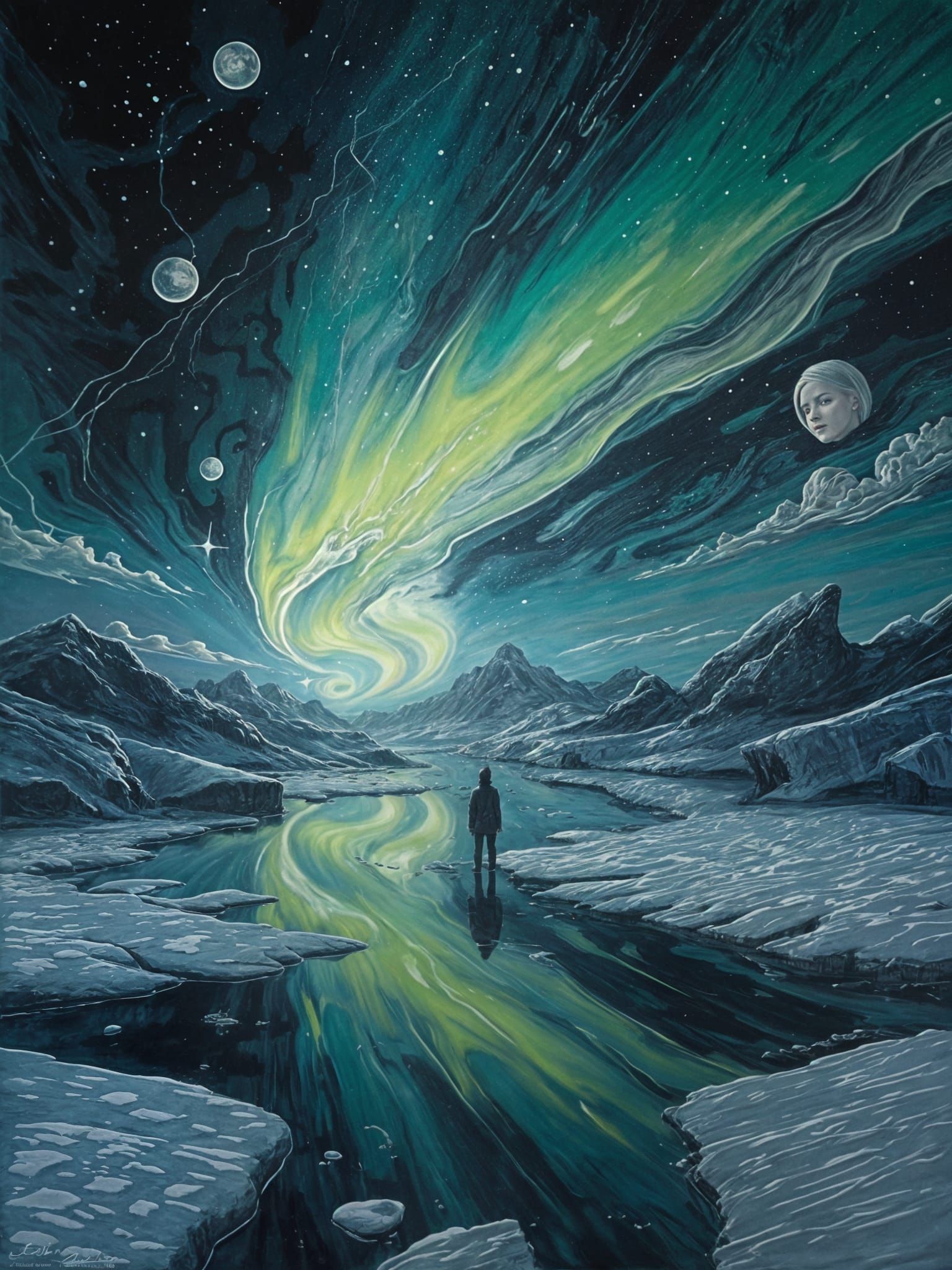 Northern Lights Scene in Vibrant Oil Paint with Chiaroscuro....