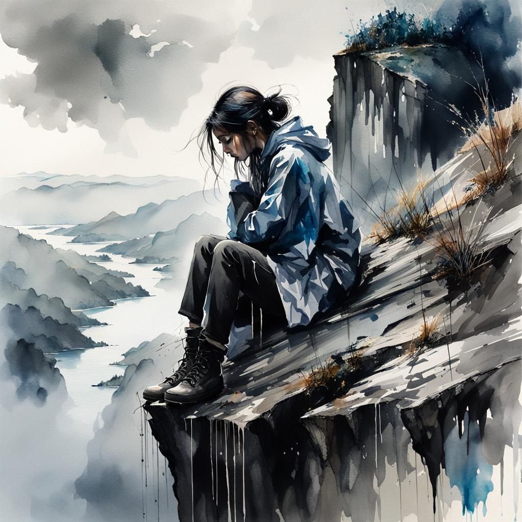 Melancholic Girl on Cliff in Moody Watercolor
