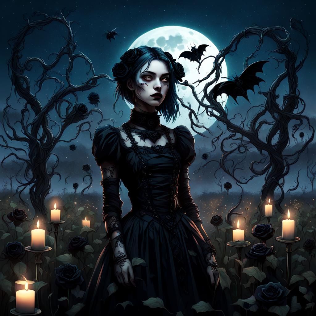 Gothic Cyberpunk Girl in Black Rose Field