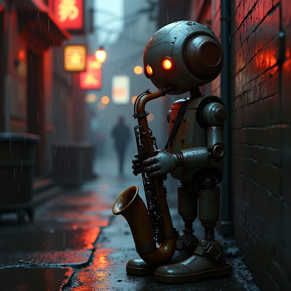 Cyberpunk Robot Street Performer in Rainy Cityscape
