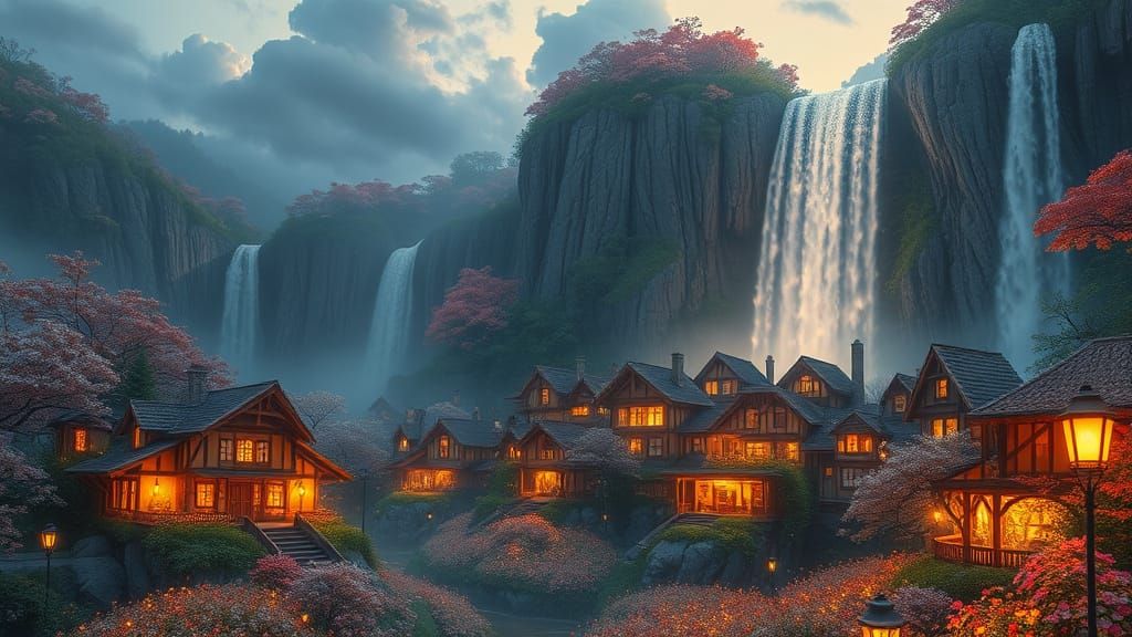 Dreamy Village at Dusk in Hyper-Realistic Style