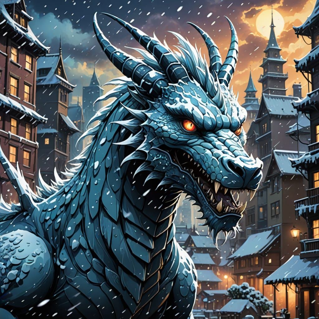 Surreal Anime Wyrm Battles a Frozen Cityscape in Vibrant, St...