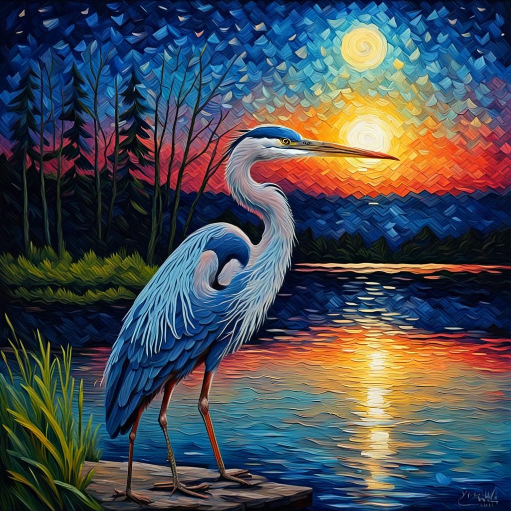 Blue Heron by Starry Lake as Impasto Oil Painting