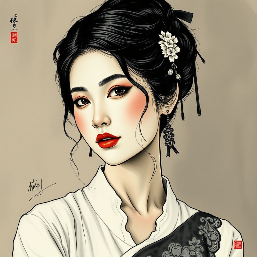 Elegant Woman's Portrait in Ink Style