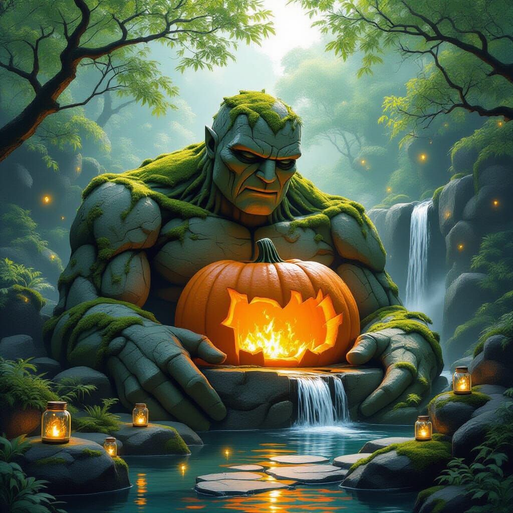 Ancient Stone Golem in Japanese Garden