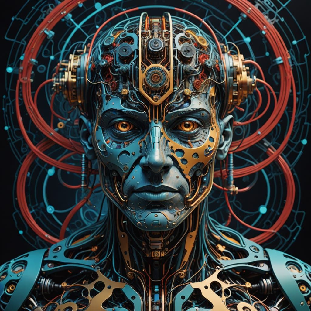 Evolving Humanoid Figure in Abstract Cybernetic Cosmos