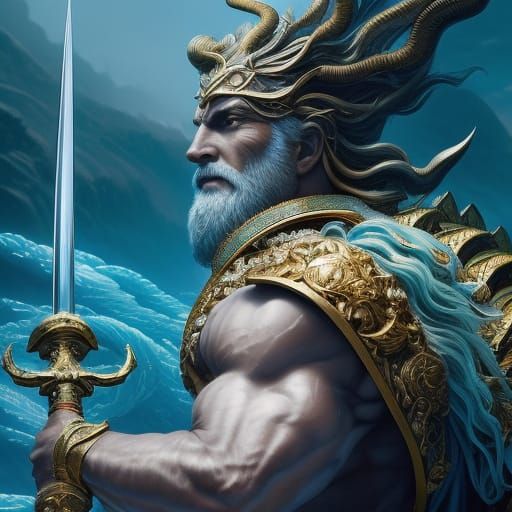 Poseidon Wielding Trident in Hyperdetailed Digital Art