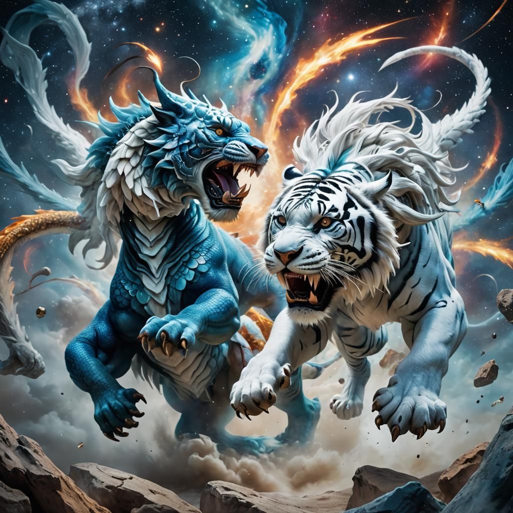 Majestic Blue Dragon Wrestles White Tiger Across the Galaxy....
