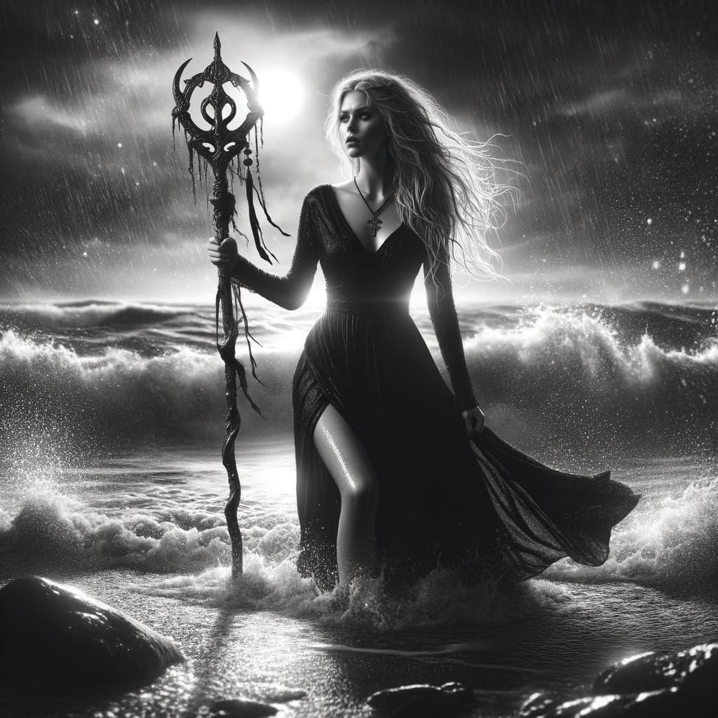 Norse Goddess Defiant on Moonlit Shore in Drip Ink Style