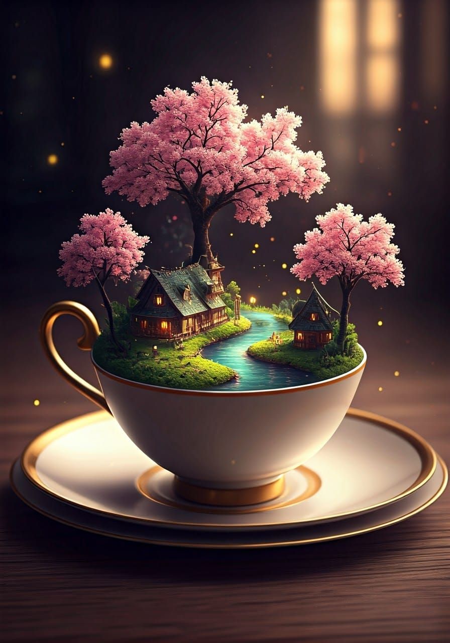 Miniature Cherry Blossom Fantasy World in Teacup