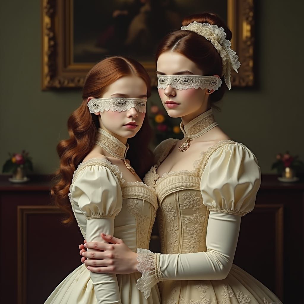 Mother and her daughter covering their eyes with lace