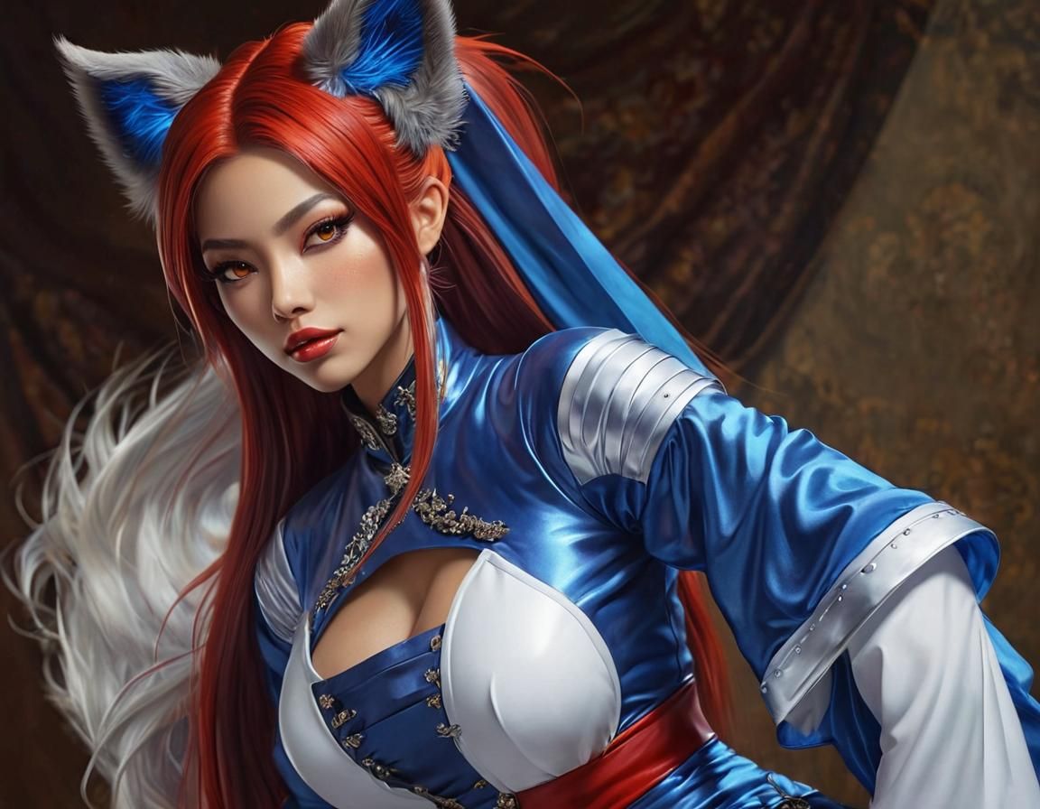 Beautiful gray-haired kitsune Jinx godess