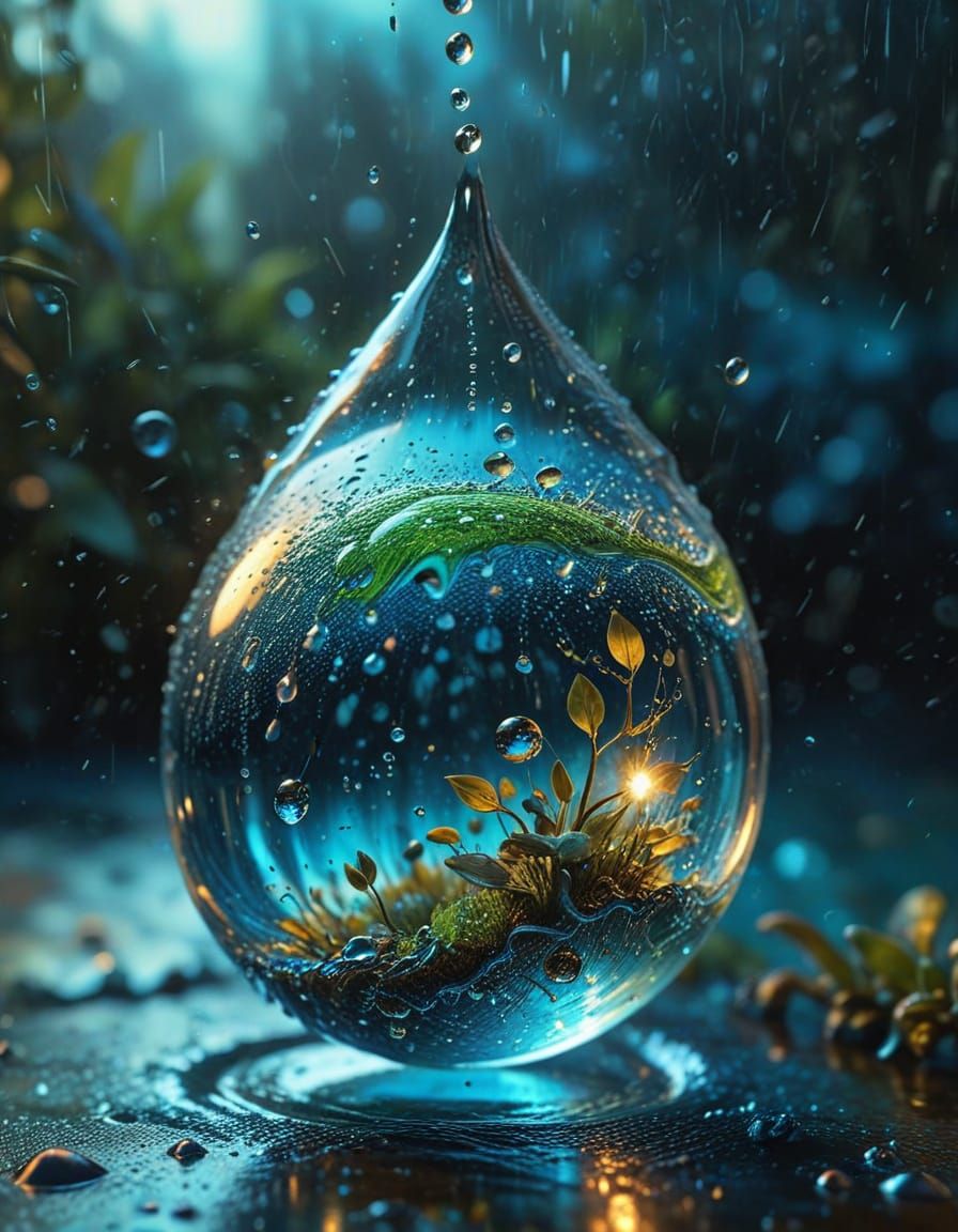 Surreal Oil Painting of Miniature Galaxy in Blue Rain Drople...