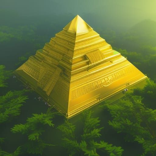 Golden Aztec Pyramid in Green Forest