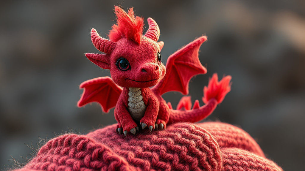 Knitted Red Dragon on Giant Hand: Whimsical 3D Art