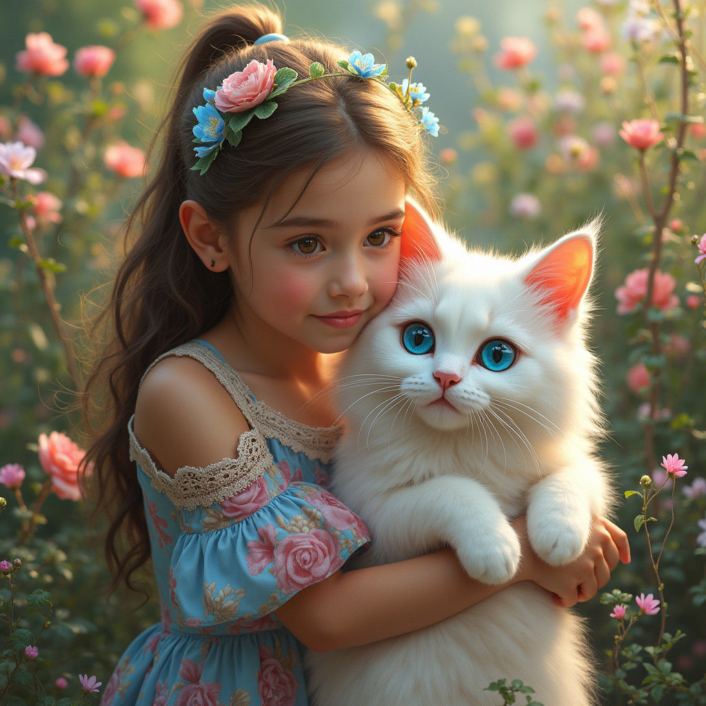 Girl with Cat in Whimsical Garden as Matte Painting