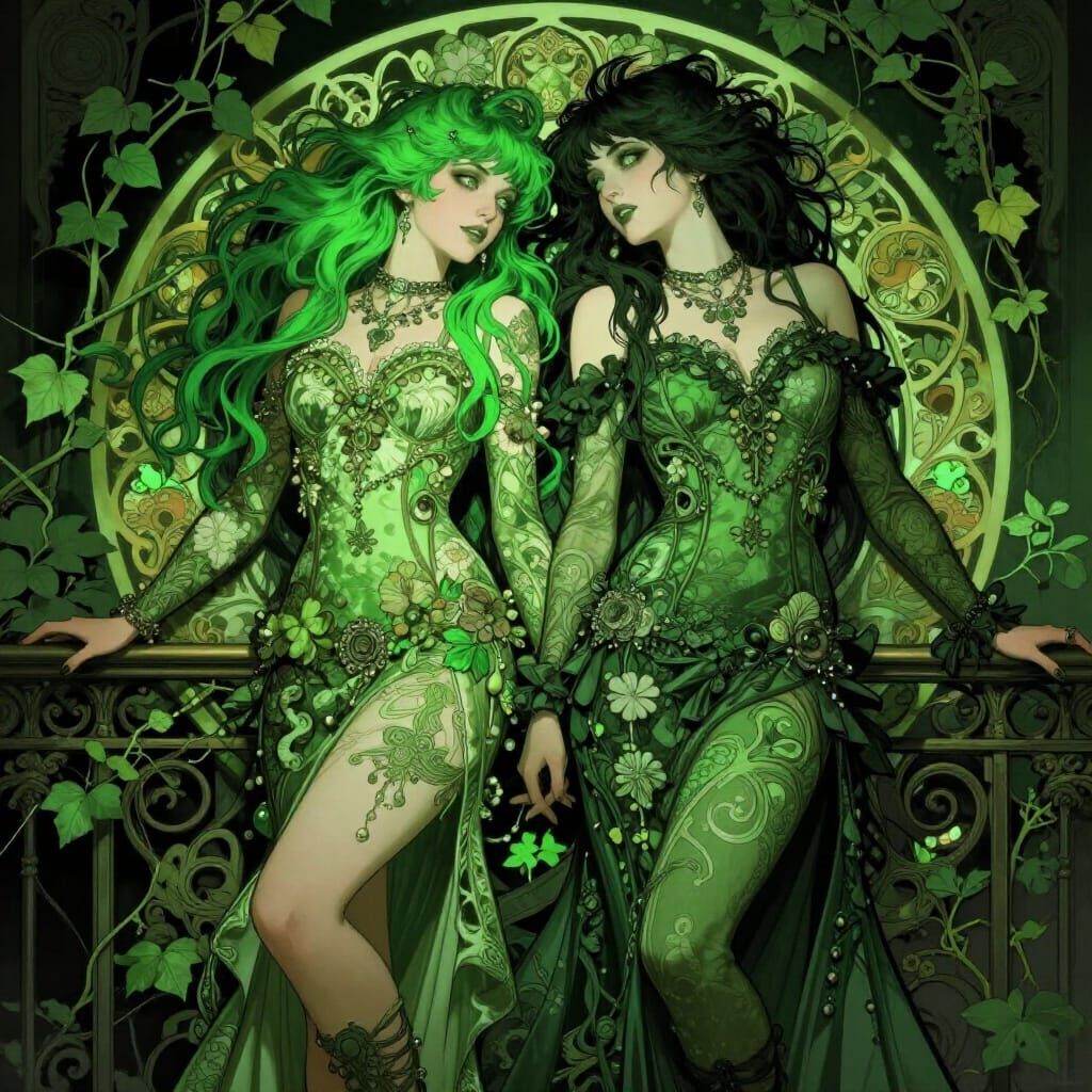 Art Nouveau Rocker Girls in Emerald Hues