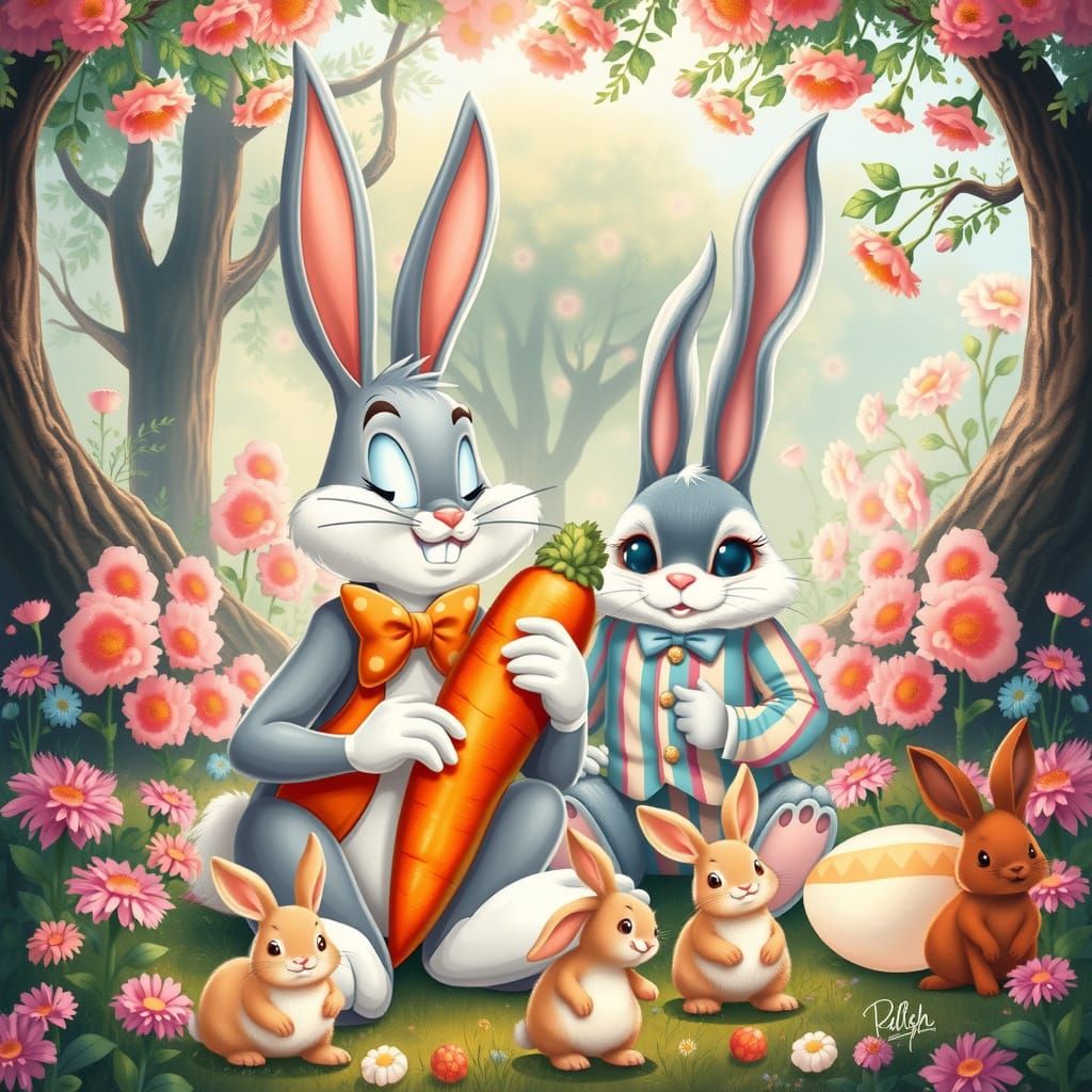 Whimsical Garden Gathering of Bugs Bunny and the Easter Bunn...