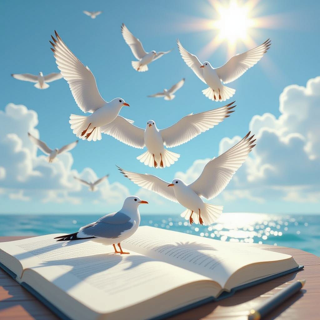 Seagulls Soaring in Sunlit Sky: 3D Anime Art