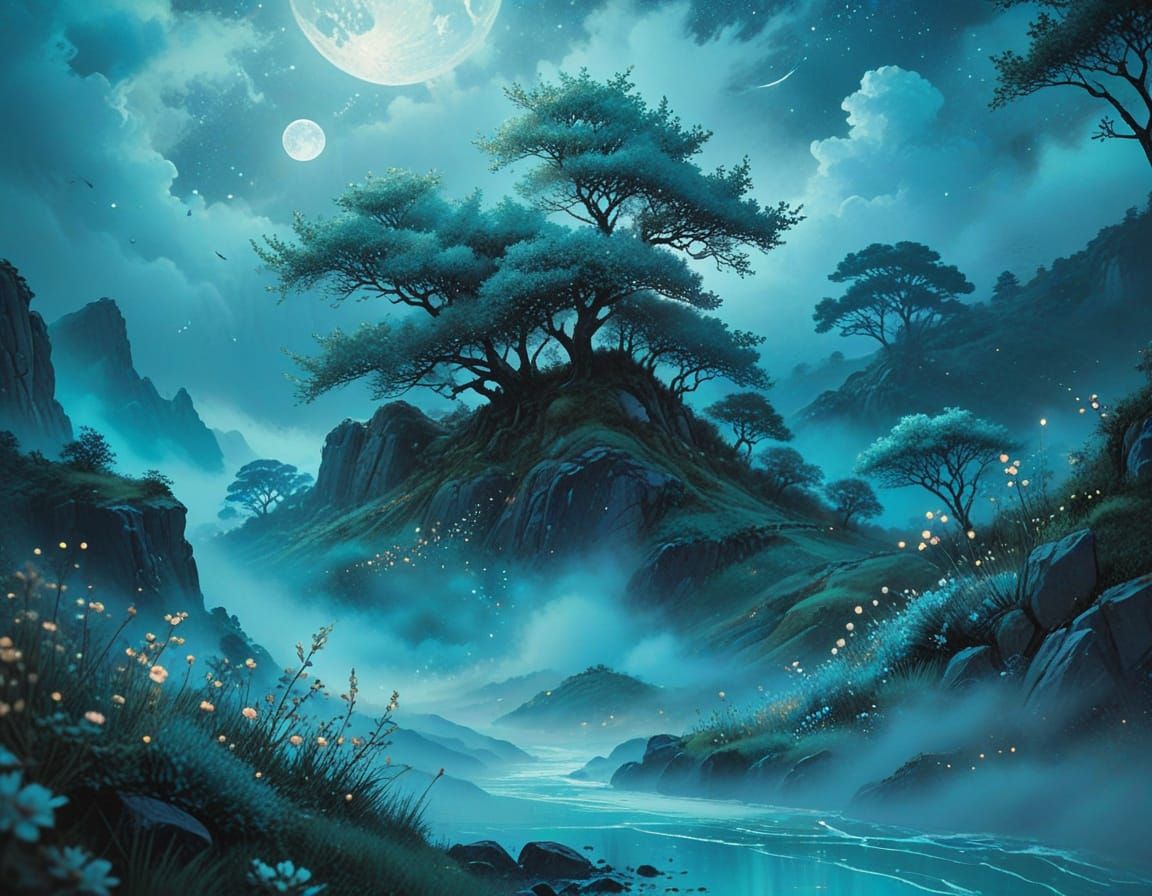 Magical Moonlit Landscape in Manga Ink Painting Style
