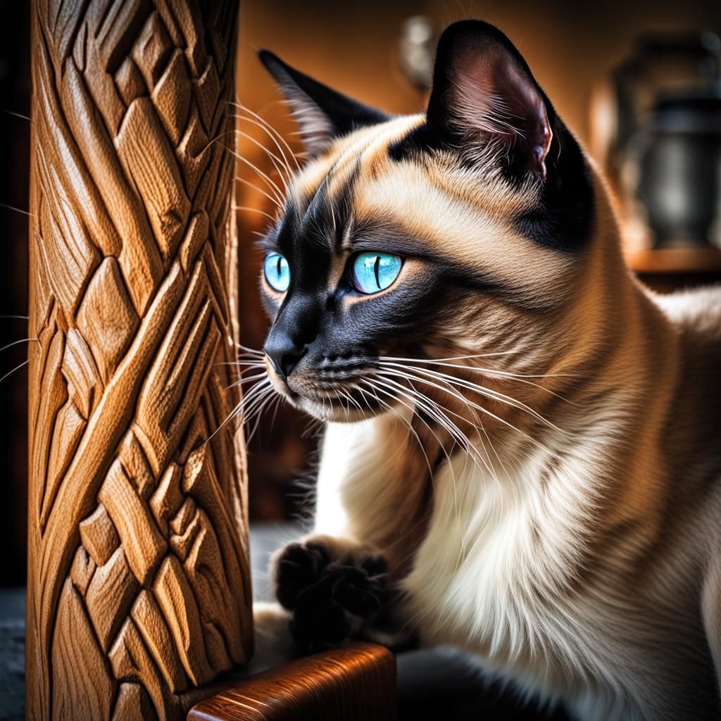 Siamese Cat Scratching Bedpost in Hyperrealistic Style